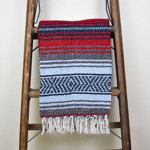 Boho Mexican Blanket Wild at Heart Red Blue Grey
